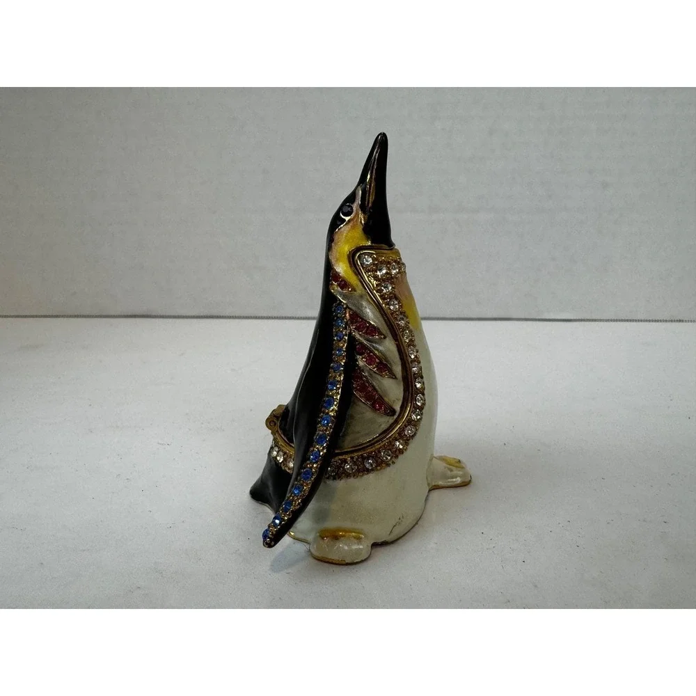 VTG Enamel Penguin‎ Trinket Box Jeweled Rhinestone Hinged Collectible Pill Box